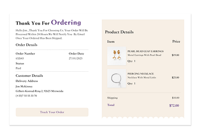 Daily UI #17 - Email Receipt daily challenges dailyui dailyui 017 email design email receipt fashion figma girl jewellery minimal neutral purchase receipt ui ux web design