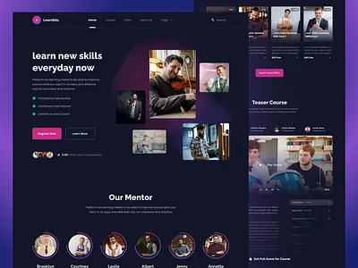 LearnEdu - Education & Online Learning Platform Landing Page dark theme dark website design e course e course website e learning education education platform elementor landing page online course template ui design uiux website wordpress