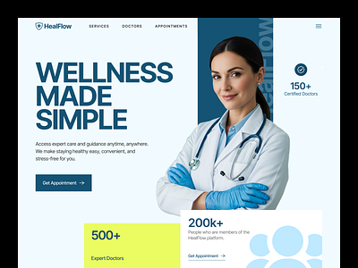 HealFlow - Health care website app design appointment booking ui best uiux agency digital health ui doctor profile ui header health care website design health platforms healthcare website header hero section medical app medical services medical website design medtech website design mobile health app seative top design agency uiux