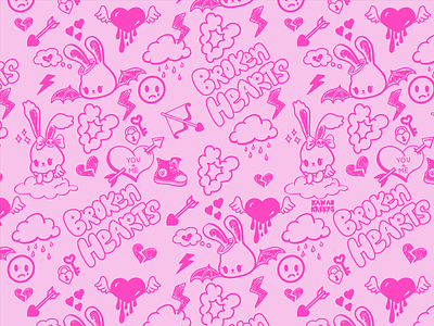 Broken Hearts & Broken Dreams anti valentines day doodle art emo bunny emo doodle kawaii bunny lowbrow art pastel goth pastel goth bunny pastel goth pattern pastel goth print pattern design surface design weirdcore