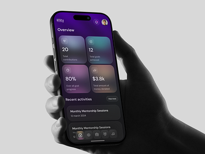 Community Impact & Contribution App UI analytics ui app ui ux dark ui design goals tracker impact tracker interaction ios design mobile app ui mobile dashboard modern mobile app overview screen product design progress tracker social impact ui ux visual metrics