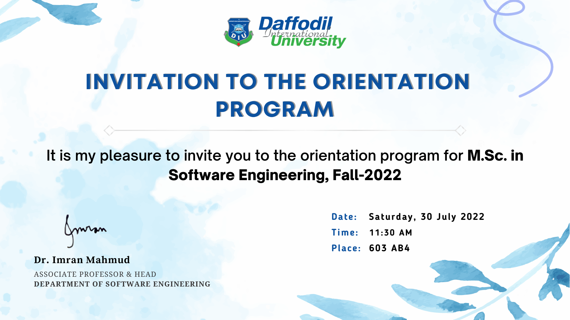 SWE Msc Orientation Invitation - Canva by Meher Durdana Khan Raisa on  Dribbble, image size:1920x1080
