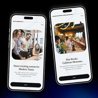 Onboarding screen cleanui dribbble employeeapp figmadesign interface minimaldesign mobileui modernui onboarding productdesign teamapp timetracking uxdesign workplaceui