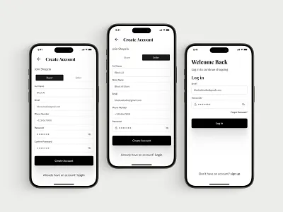 Create Account / Log In Screen / Ecommerce App Concept app creat account ecommerce app log in login new account shoping sign in ui userinterface
