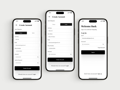 Create Account / Log In Screen / Ecommerce App Concept app creat account ecommerce app log in login new account shoping sign in ui userinterface