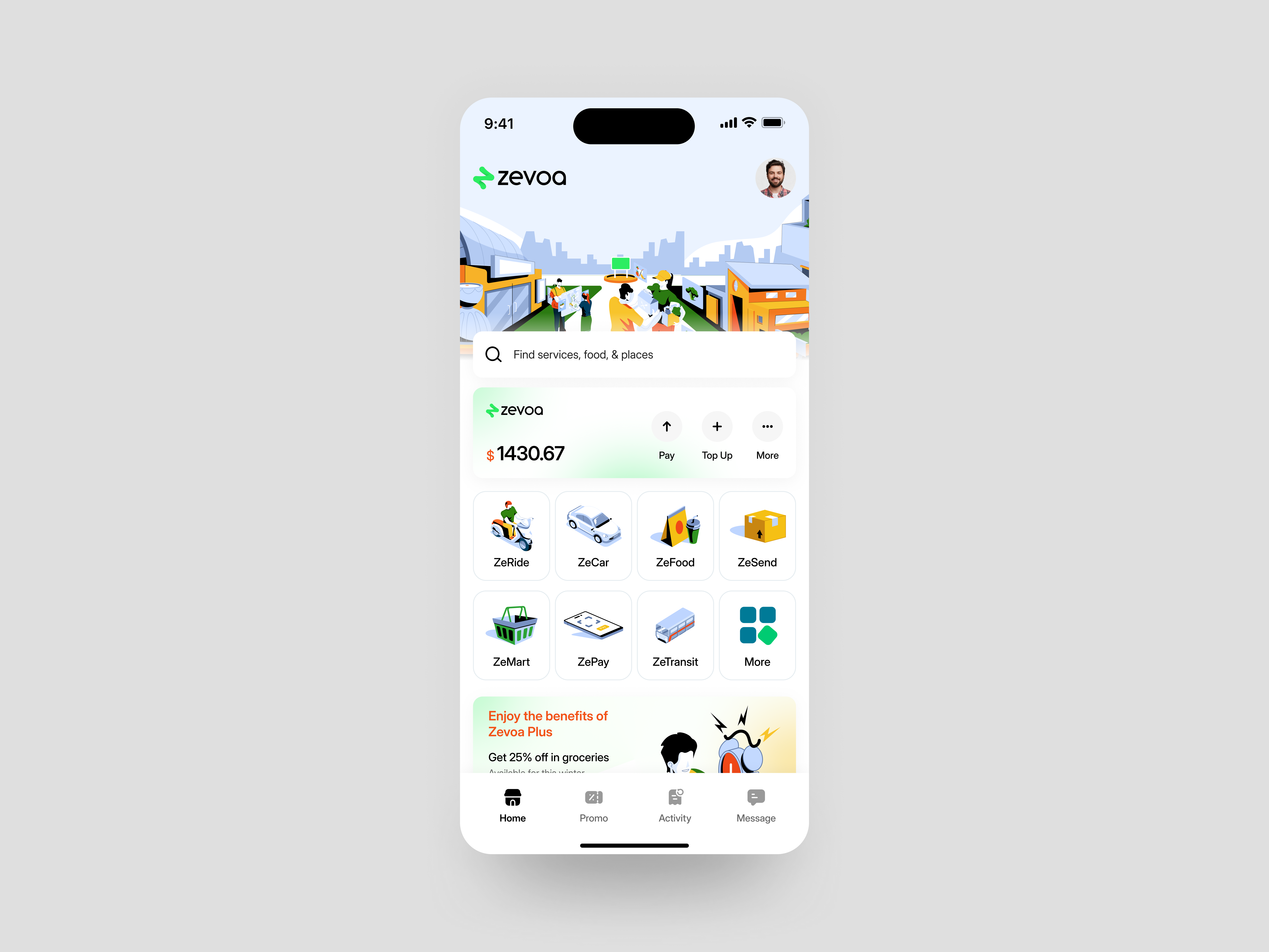 Zevoa — Multi-Service Super App Home app app design food delivery app ui groceries app home screen layout mobile app ios app ui design minimal mobile design mobile mobile app product design ride sharing app ui service app ui super app mobile app ui design ui ux design user interface mobile design