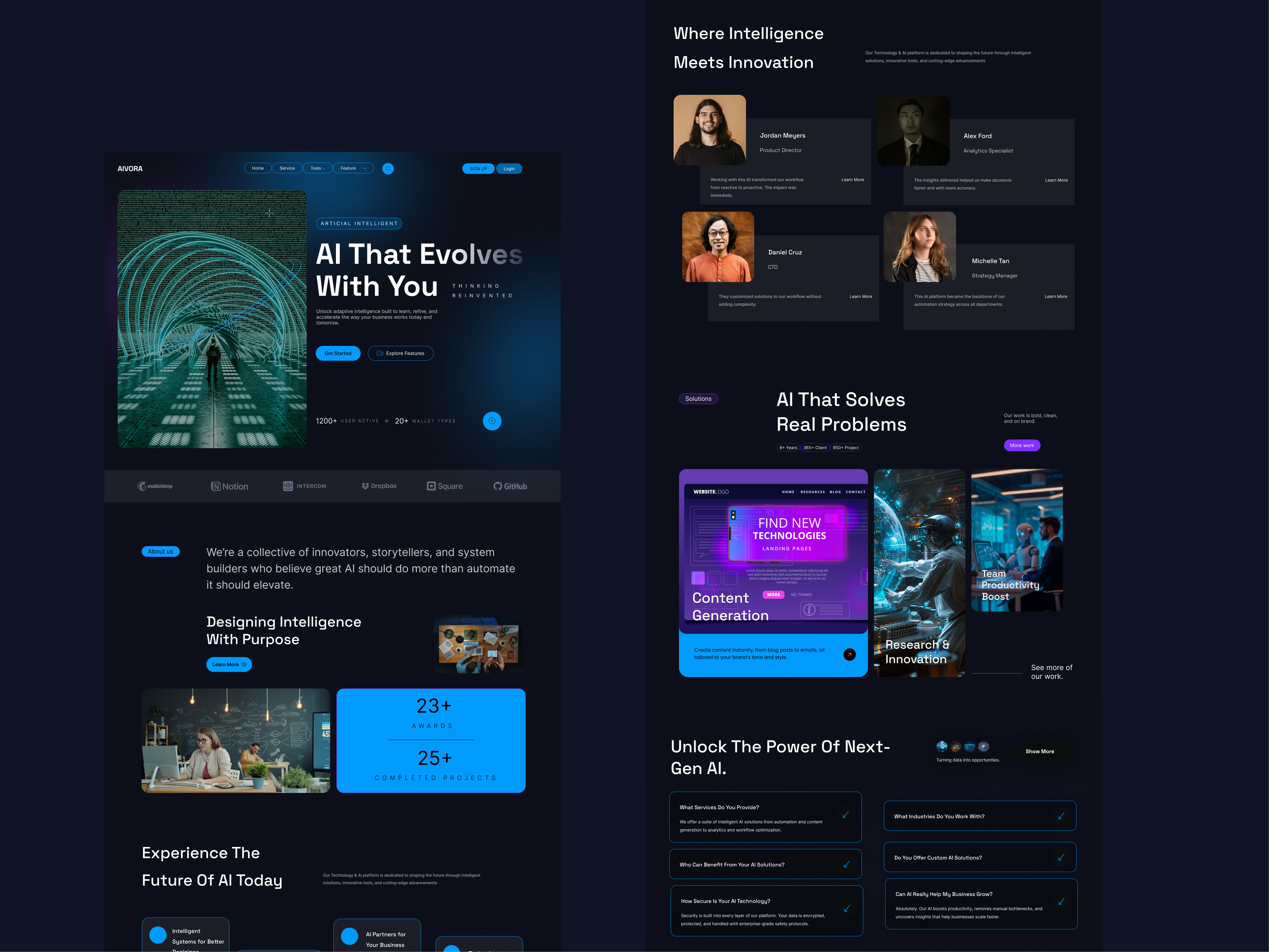 AIVORA – Smart AI Solutions Landing Page ai business creativeui dark design figma interface design tech ui ux