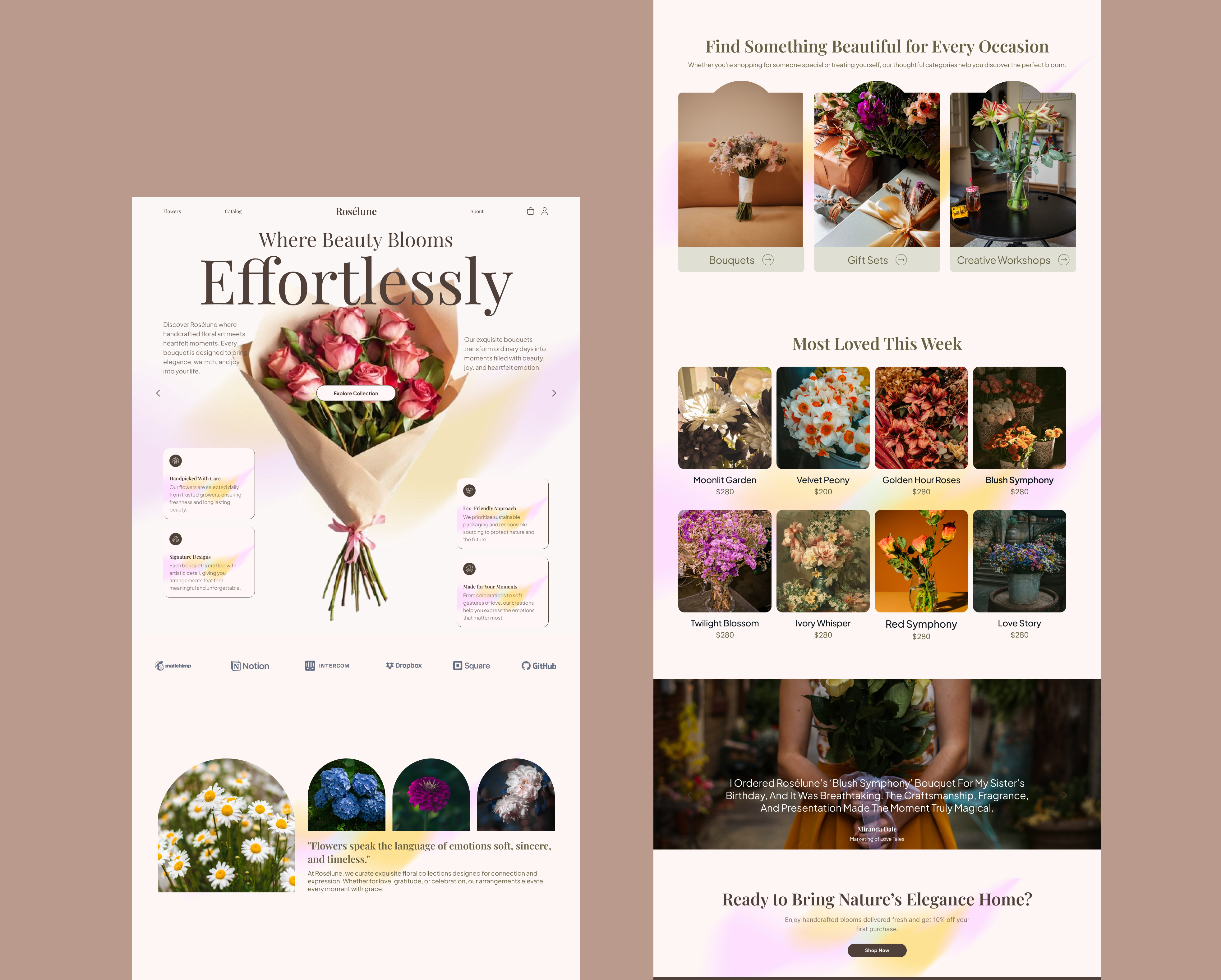 Roselune – Elegant Flower Shop Landing Page creativeui design elegent figma flowershop interface design pastel selling soft ui ux