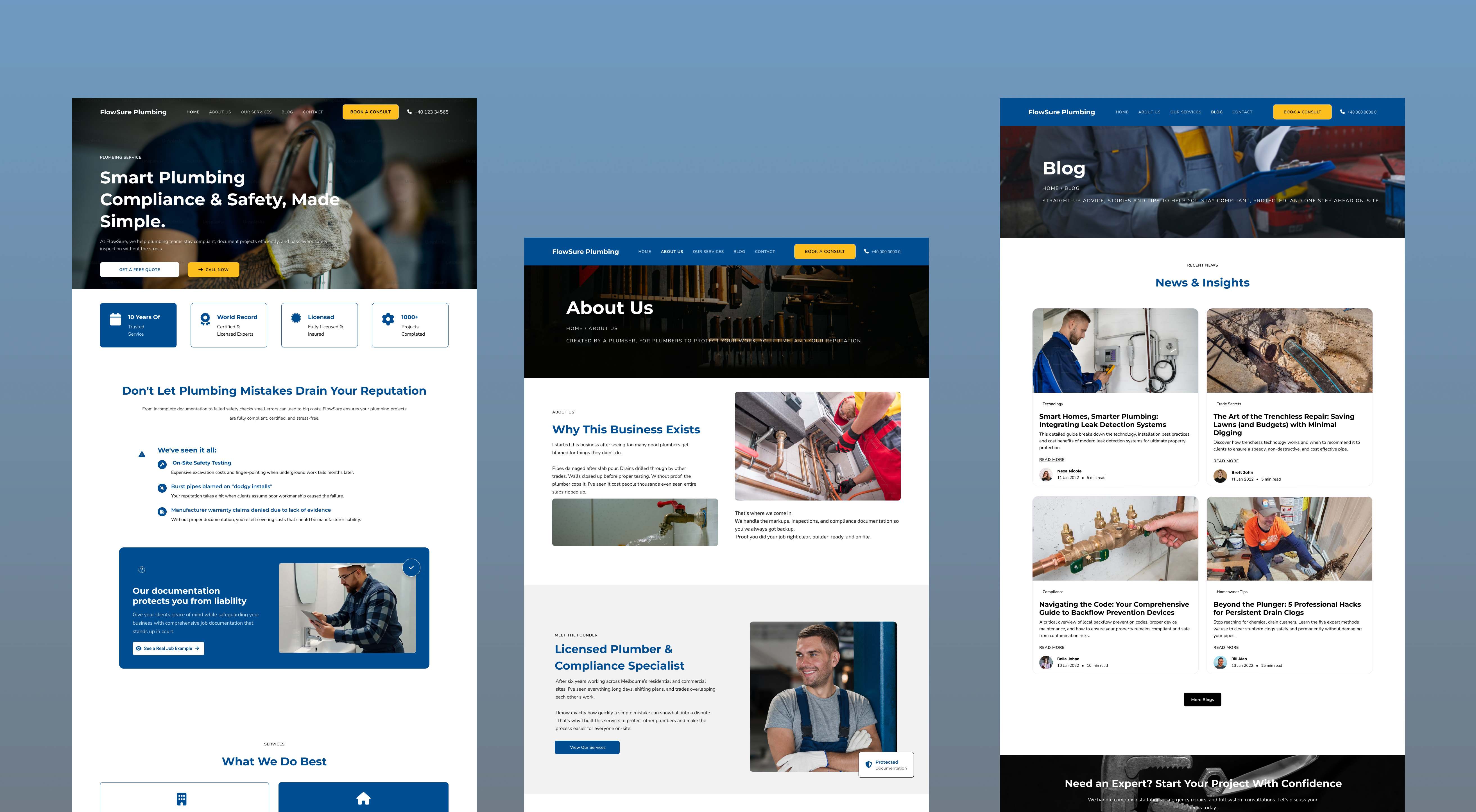 FlowSure Plumbing | Compliance & Trust Service Website Design adobe xd blue creativeui design dribble figma interface design modern plumbing ui ux website