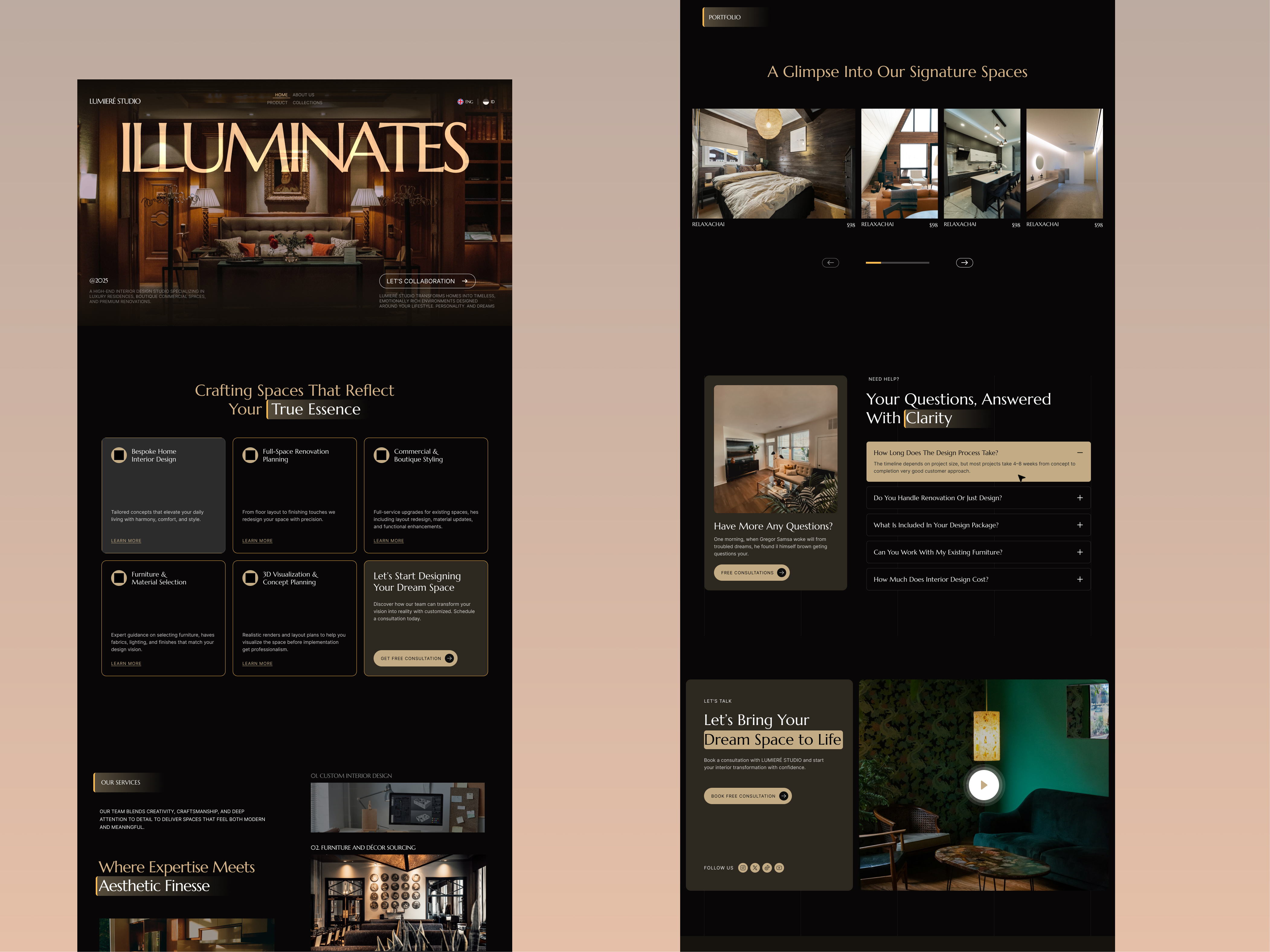 LUMIERÉ STUDIO: Dark Mode Luxury & Gold Accents adobe xd creativeui dark design figma illustration interface design interior luxury ui ux