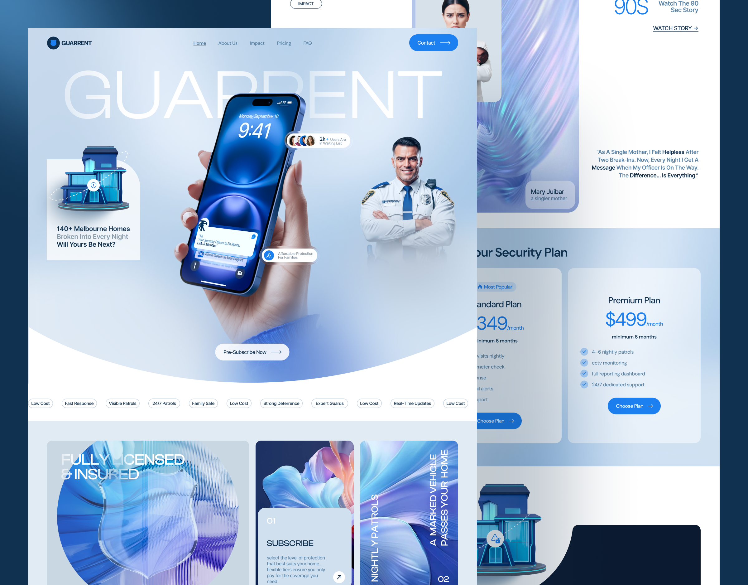 Guarrent - Night Patrol Security Landing Page, web design, UI/UX branding design figma frontend design landing page ui