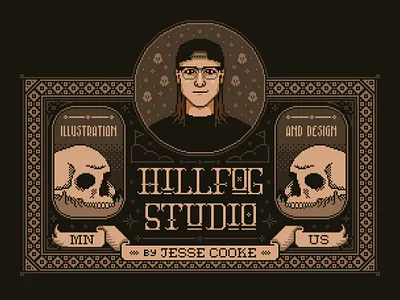 Hillfog Studio | Self Portrait & Advertisement advertisement antique artist badge border cross stitch dark decorative folk art historical illustration pixel pixel art retro self portrait skull spooky vintage