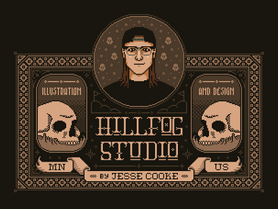 Hillfog Studio | Self Portrait & Advertisement advertisement antique artist badge border cross stitch dark decorative folk art historical illustration pixel pixel art retro self portrait skull spooky vintage