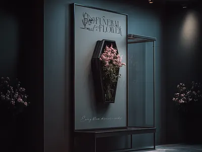 Dark Floral Shop Coffin Installation art installation branding coffin design edgy floral shop flowers gothic graphic design logo mockup museum
