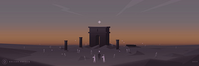 And Though We Lie Still (2025) adobe illustrator desert digital digital art fine art fineart fireflies god illustration melancholy moody ruin ruins spirits spiritual star sunset swords twilight