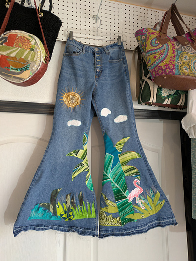 Good Day Sunshine Flares denim fabric fiber mixed media upcycled vintage