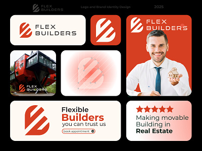 Flex Builders - Real Estate Logo and Brand Identity Design b logo bf logo brand identity design branding building logo building logo design f logo fb logo flex builders flexible living home builder letter logo logo logo identity luxuryliving modernarchitecture new home propertydevelopment real estate real estate logo