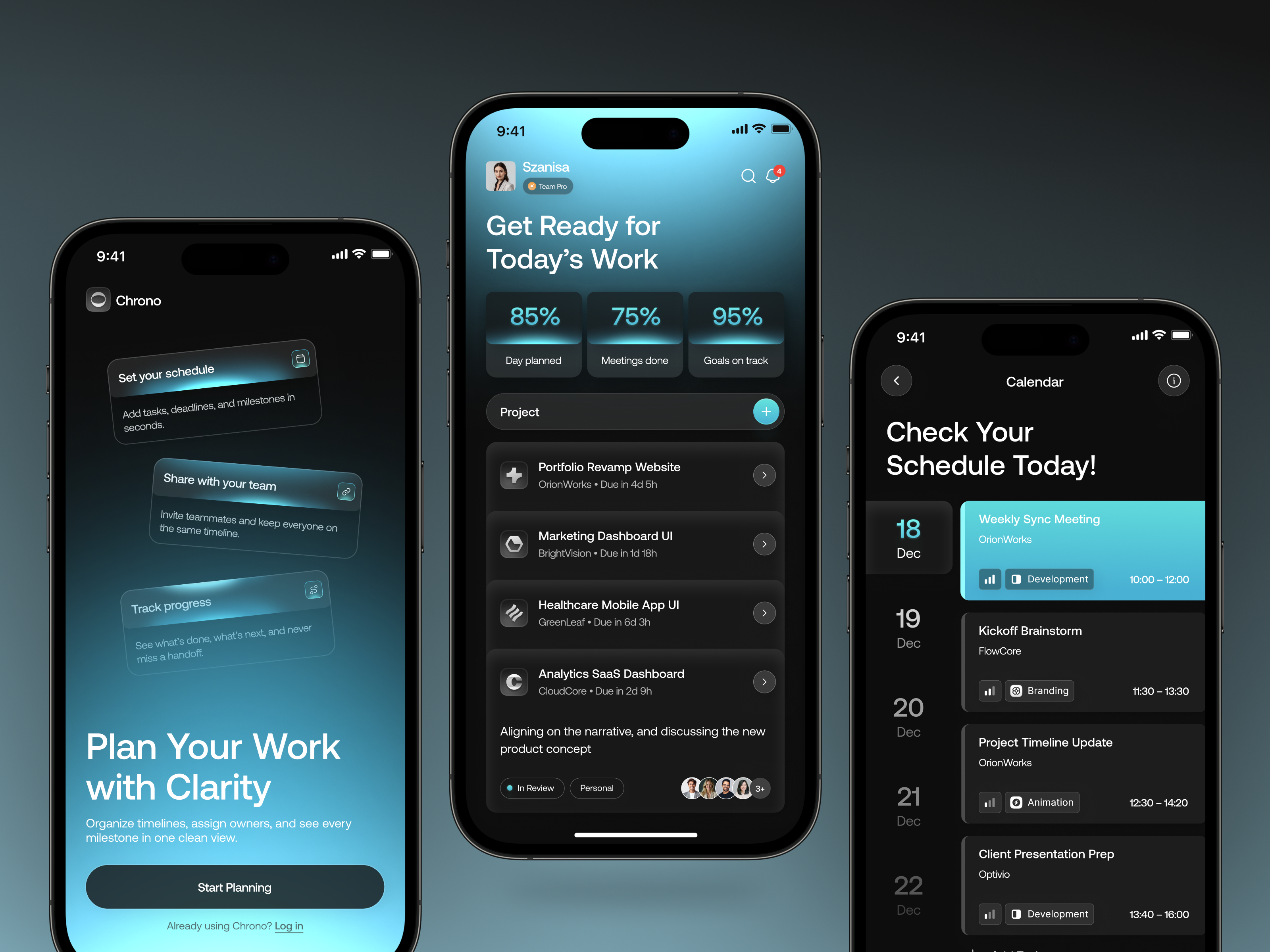 Chrono – Schedule & Project Managment App app design calendar card chrono clean darkmode dashboard gradient graphic design logo managment app monitoring project managment schedule app splash screen