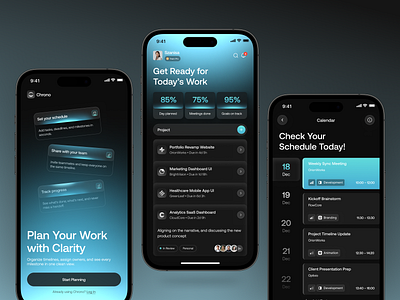 Chrono – Schedule & Project Managment App app design calendar card chrono clean darkmode dashboard gradient graphic design logo managment app monitoring project managment schedule app splash screen