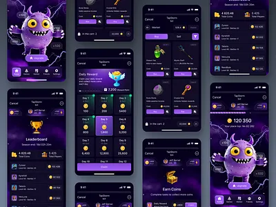 TapStorm – Idle Monster Game Mobile App activity category chalenge children game clean dark mode design exercise exersice game children fun game illustration leaderboard mobile app profile shop sport training ui design uiux