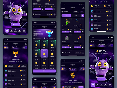 TapStorm – Idle Monster Game Mobile App activity category chalenge children game clean dark mode design exercise exersice game children fun game illustration leaderboard mobile app profile shop sport training ui design uiux