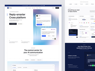 Glora - AI Messaging Assistent Landing Page ai ai assistant ai messaging ai reply tool chat chrome extension ui clean ui communication platform gradient design landing page minimal design modern ui multi language tool productivity tool saas website smart reply tech landing page ux ui design web design website concept