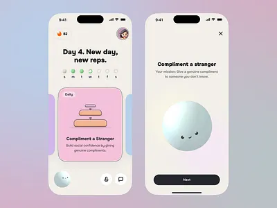 AI Coach for Social Confidence — iOS Mobile App 3d 3d mascot ai coach chat ui daily challenges figma habit building illustration system ios midjourney mobile mobile app onboarding product design prompt design social confidence spline streaks ui design voice ui
