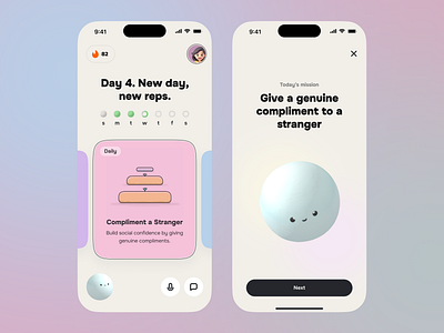AI Coach for Social Confidence — iOS Mobile App 3d 3d mascot ai coach chat ui daily challenges figma habit building illustration system ios midjourney mobile mobile app onboarding product design prompt design social confidence spline streaks ui design voice ui
