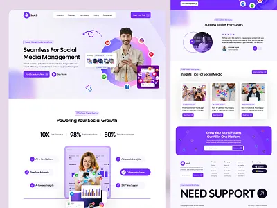 Social Media Management Website Design b2b branding clean crm design homepage illustration landing landing page managment media saas saas website social media social media management startup ui uiux web design website