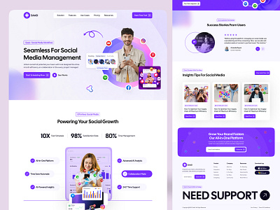 Social Media Management Website Design b2b branding clean crm design homepage illustration landing landing page managment media saas saas website social media social media management startup ui uiux web design website