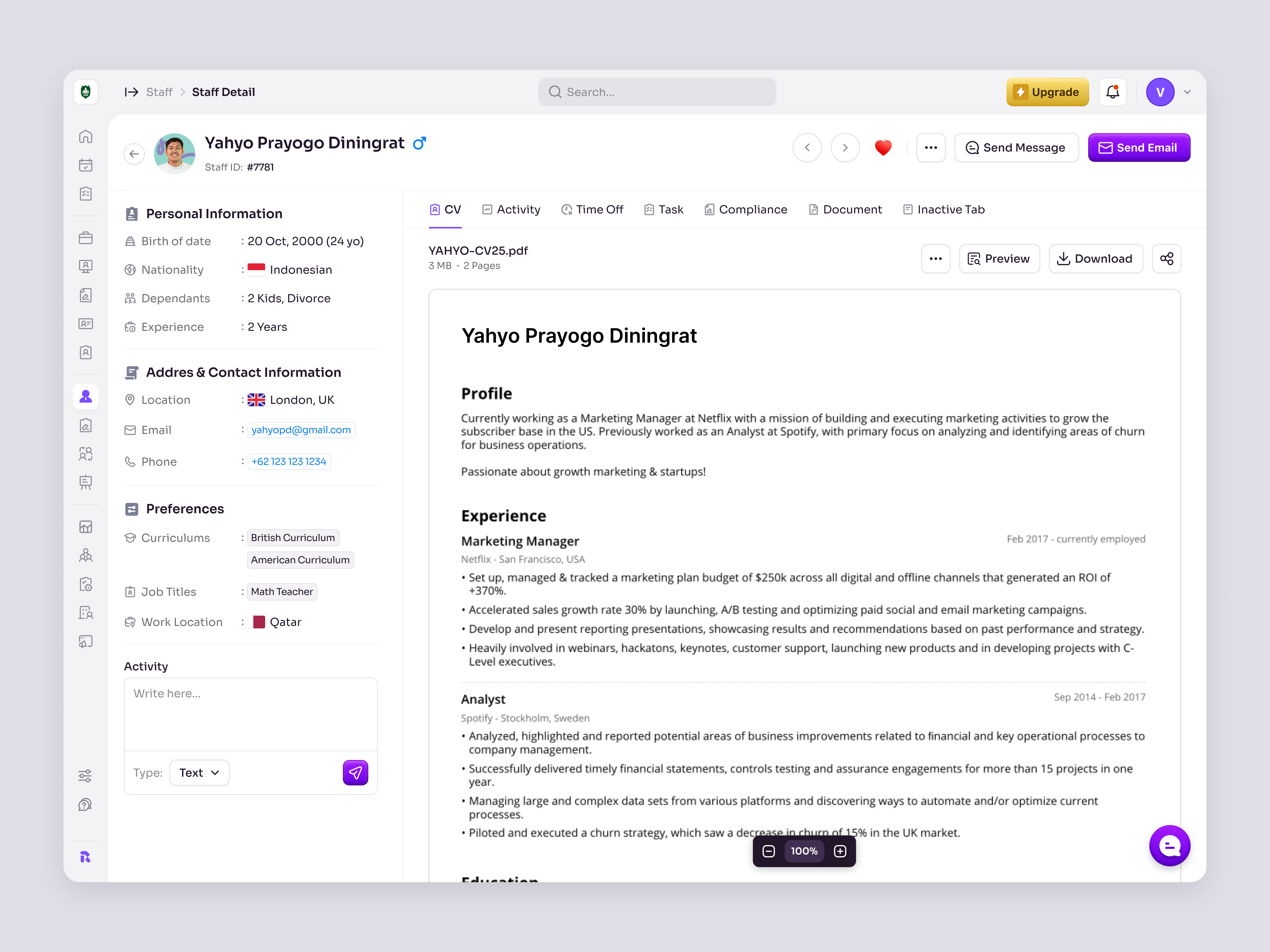 RecruitSmart — Staff Detail Page for School HR Management System candidate dashboard education employee hiring hr management hr system hrd hrm hrms job product design saas saas design school management staff ui ux web app web design