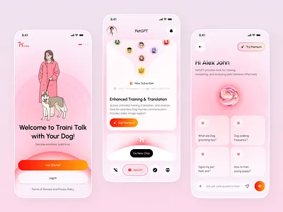 Smart Dog Training & Translator App ai app app design chat ui clean ui dog training minimal ui mobile app onboarding pet app pet care app premium screen translator app ui design ux design