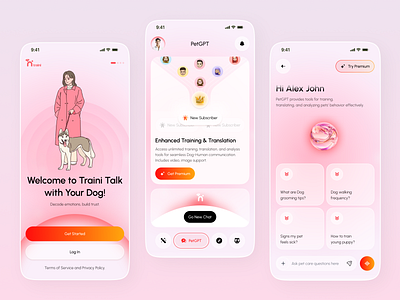 Smart Dog Training & Translator App ai app app design chat ui clean ui dog training minimal ui mobile app onboarding pet app pet care app premium screen translator app ui design ux design