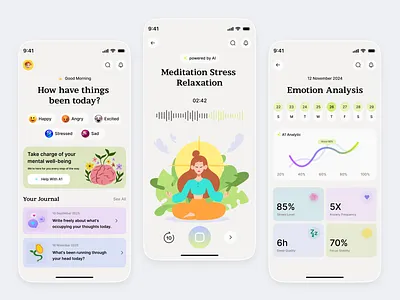 AI-Powered Mental Wellness App UI ai chatbot ai wellness app app app design application design fitness coach mobile ui health health assessment healthcare innovation in health care mental health mentalhealthapp minimal mobile mobile app mobile application self care sleep tracker mobile ui wellness