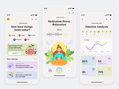 AI-Powered Mental Wellness App UI ai chatbot ai wellness app app app design application design fitness coach mobile ui health health assessment healthcare innovation in health care mental health mentalhealthapp minimal mobile mobile app mobile application self care sleep tracker mobile ui wellness