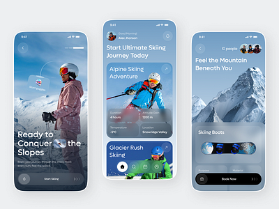 Skiing Adventure & Winter Sports Experience App Design appconcept dribbble glassmorphism iosdesign minimalui mobile mobile app mobileappdesign outdoorapp skiapp skiingui skitheme snowadventure sportapp travelapp uidesign uxdesign winterapp