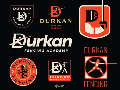 Brandmark Custom Logo Design Illustrations - Durkan Fencing branding brandmark character design clothing coat of arms crest fencing graphic design identity illustration lettering logo logo designer logos logotype monogram print signage style guide sword