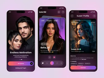 Modern Dating App UI – Match, Chat & Connect Experience ai dating app design chat app dating dating app dating ui live voice chat app love app match app messaging app mobile mobile app online dating profile screen social media app voice chat room
