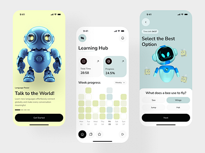 AI Powered Language Learning Companion Mobile App ai app ai assistant app concept app design clean ui daily practice edtech app education app language learning learning companion learning platform minimal design mobile app mobile app design mobile design robot ui smart tutor study app uiux design