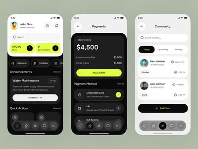 Modern Community Management App UI apartment app redesign app design community feed ui community management community portal app community super app facility management ui housing society ui maintenance payment ui mobile mobile app mobile app design property app ui property tech ui real estate management app ui real estate website resident experience ui society app ui uiux visitor management ui