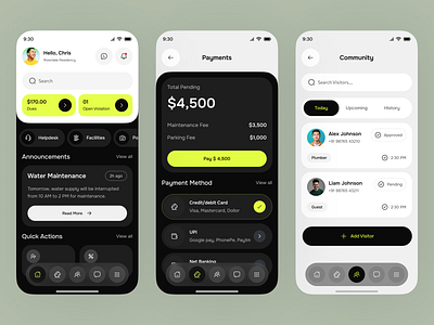 Modern Community Management App UI apartment app redesign app design community feed ui community management community portal app community super app facility management ui housing society ui maintenance payment ui mobile mobile app mobile app design property app ui property tech ui real estate management app ui real estate website resident experience ui society app ui uiux visitor management ui
