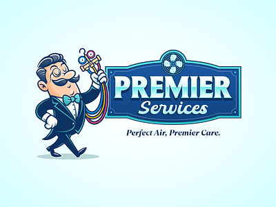 Premier Services air care brand butler cartoon character gauge heating and cooling home service home service branding illustration logo