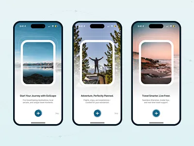 GoScape – Travel App Onboarding Screens (iOS Concept) appdesign branding dailyui designinspiration dribbble dribbbleshot figmadesign graphic design iosdesign minimalui mobileui onboarding pushkarverma travelapp ui uidesign uxdesign