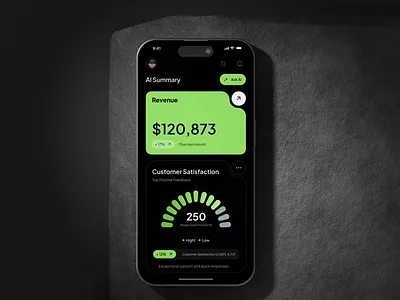 AI Business Analytics Dashboard (Mobile App) ai app ai dashboard analytics app app business dashboard customer satisfaction data visualization fintech ui kpi dashboard mobile mobile analytics mobile app design mobile dashboard revenue tracker statistics ui uxui