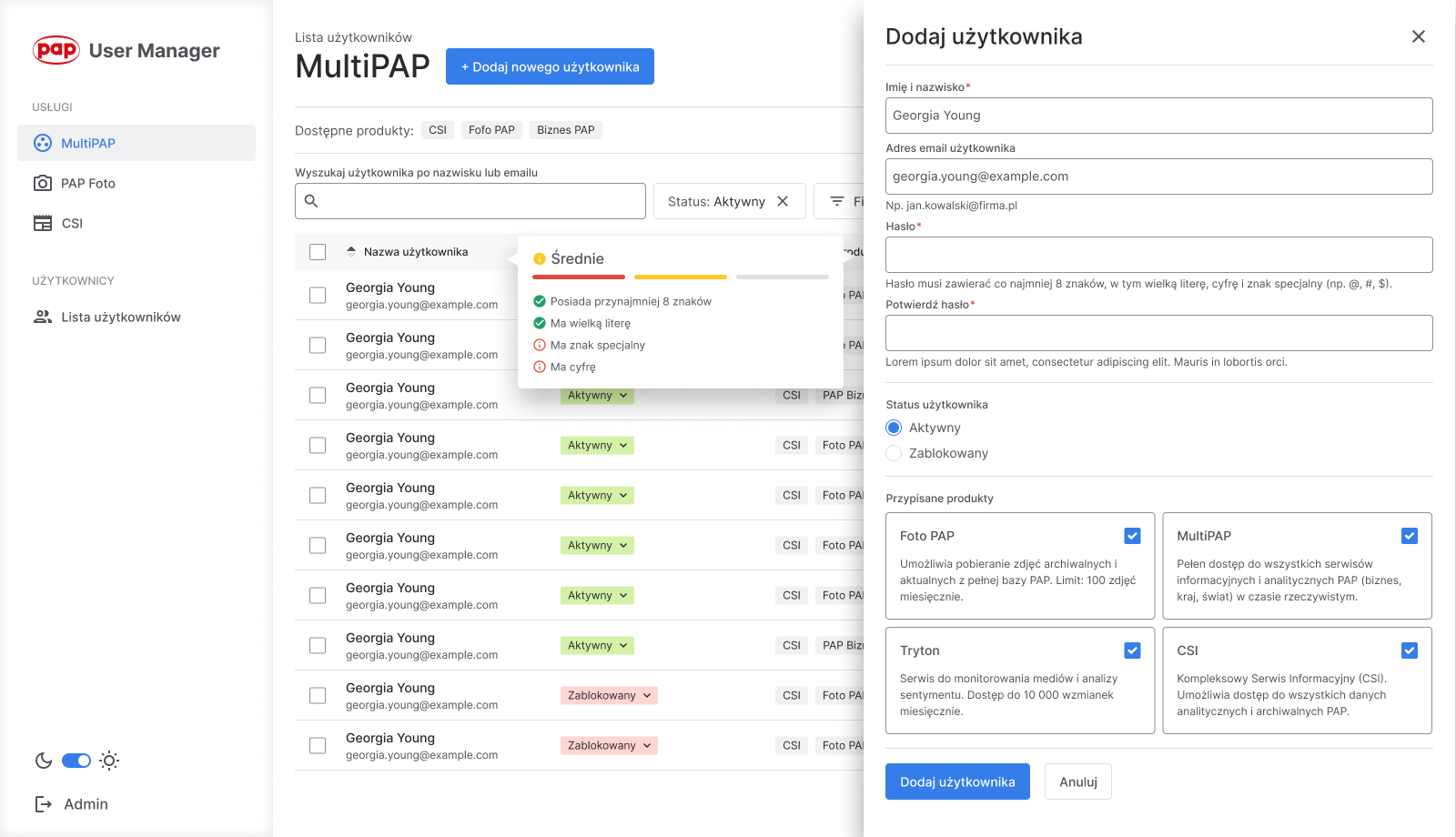 PAP User Management design typography ui ux