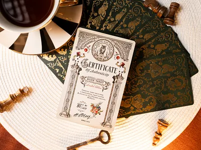 Certificate of Authenticity alice alice in wonderland brand identity branding certificate engraving etching graphic design hand drawn illustration playing cards royal sophisticated tarot vector victorian victorian logo vintage vintage logo