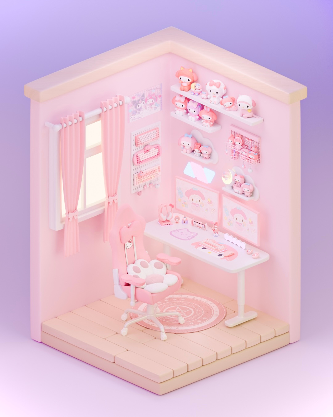 A very cute workspace with a cozy atmosphere and My Melody 🩷🎀 3d 3dart 3dartist 3dmodel 3dmodeler 3dmodels 3dprops blender cute3d cuteart desksetup girl isometricroom keyboard mymelody pc pink props room toys