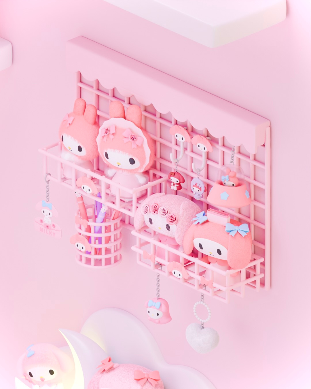 A very cute workspace with a cozy atmosphere and My Melody 🩷🎀 3d 3dart 3dartist 3dmodel 3dmodeler 3dmodels blender cute cute3d cuteart girl hellokitty illustration isometric mymelody pc pink props room toys