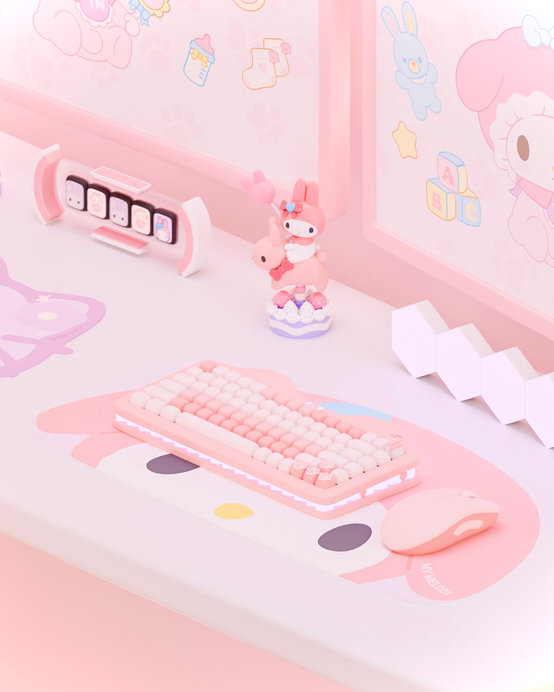 A very cute workspace with a cozy atmosphere and My Melody 🩷🎀 3d 3dart 3dartist 3dmodel 3dmodeler 3dmodels blender computermouse cute cute3d cuteart girl illustration keyboard mymelody pc pink props room toys