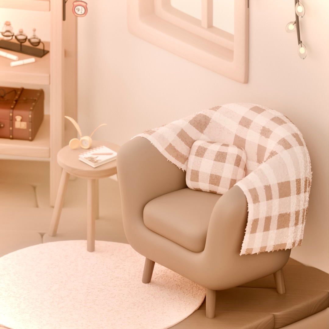 3D Cozy Harry Potter Fan Room ⚡️🦉💛 3d 3dart 3dmodel 3dmodeler 3dmodels armchair cozy cute3d cuteart fanart harrypotter hogwarts illustration light magic pattern plaid snitch